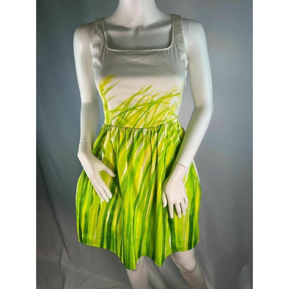 Moschino Cheap & Chic White Green Watercolor Grass Flare Dress